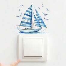 1pc Watercolor Sailboat & Seagull Light Switch Sticker, Removable Nautical Wall Decal, Coastal Blue Home Decor For Living Room & Bedroom - one-size - View 6