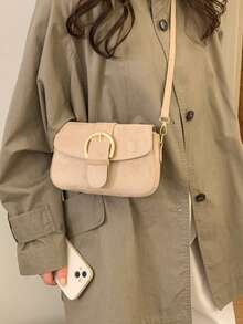 Women's Flap Small Handbag, Fashionable Metal Buckle Decor Square Bag, Shoulder Crossbody Bag - Khaki - View 8