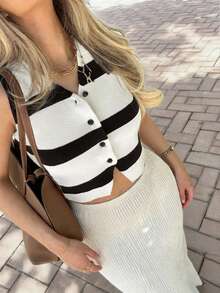 Chaleco de punto corto con cuello redondo, de estilo rayado y abotonado, para mujer, de moda para el verano - Blanco y Negro - Ver 2