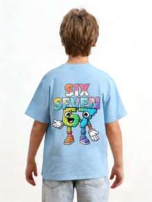 青少年男孩“SIX SEVEN-意大利脑腐烂”彩色数字67卡通印花T恤，适合日常穿着、街头风格、校园风，休闲百搭的夏季男童上衣 - 淺藍色 - 查看 2