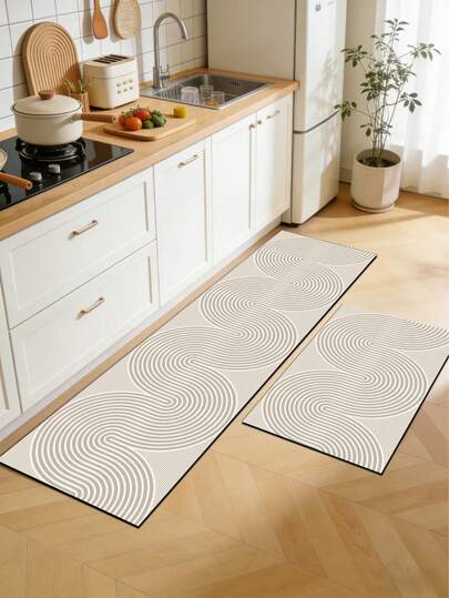 1pc Shallow Beige Color Silica Gel Kitchen Mat With Continuous Wavy Concentric Line Pattern In Deep Gray, Presenting A Geometric Aesthetic, Luxurious And Fashionable, Cushioning Anti-Fatigue Kitchen Carpet, Surface Fabric Material, Middle Sponge Absorbent Material, Bottom Rubber Material, Easy To Clean Water-Absorbing Kitchen Mat And Carpet, Approximately 3.5mm Thick