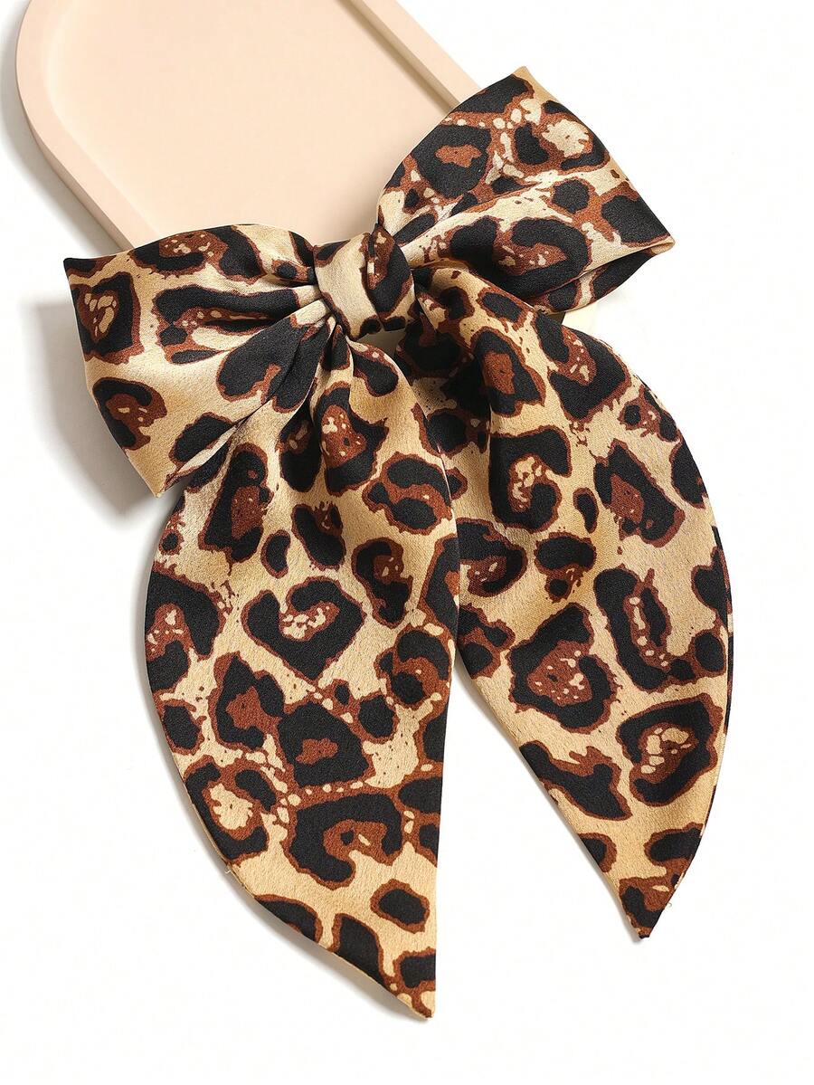 1pc Satin Leopard Print Double-Layer Bowknot Ribbon Hair Clip, Casual Bohemian Palace Style Party Cute Street Elegant, Polyester, Suitable For All Seasons, Claw Clips,Summer,Holiday,Travel - Camel - View 1