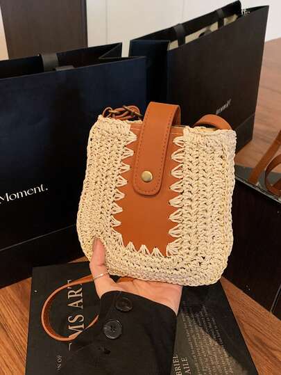 Bolso de mujer tejido de hierba, bolso bandolera minimalista con cierre de hebilla, estilo de vacaciones, bolso de mano de moda casual para chicas