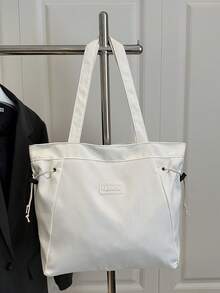 Fashionable Versatile Solid Color New Tote Bag, Casual Minimalist Textured Solid Color Drawstring One Shoulder Large Bag - White - View 11