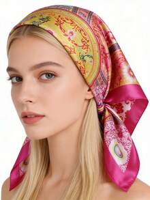 1pc 90cm Fashionable Printed Scarf, Faux Silk Neckerchief, Versatile Headband, Gift - Multicolor - View 1