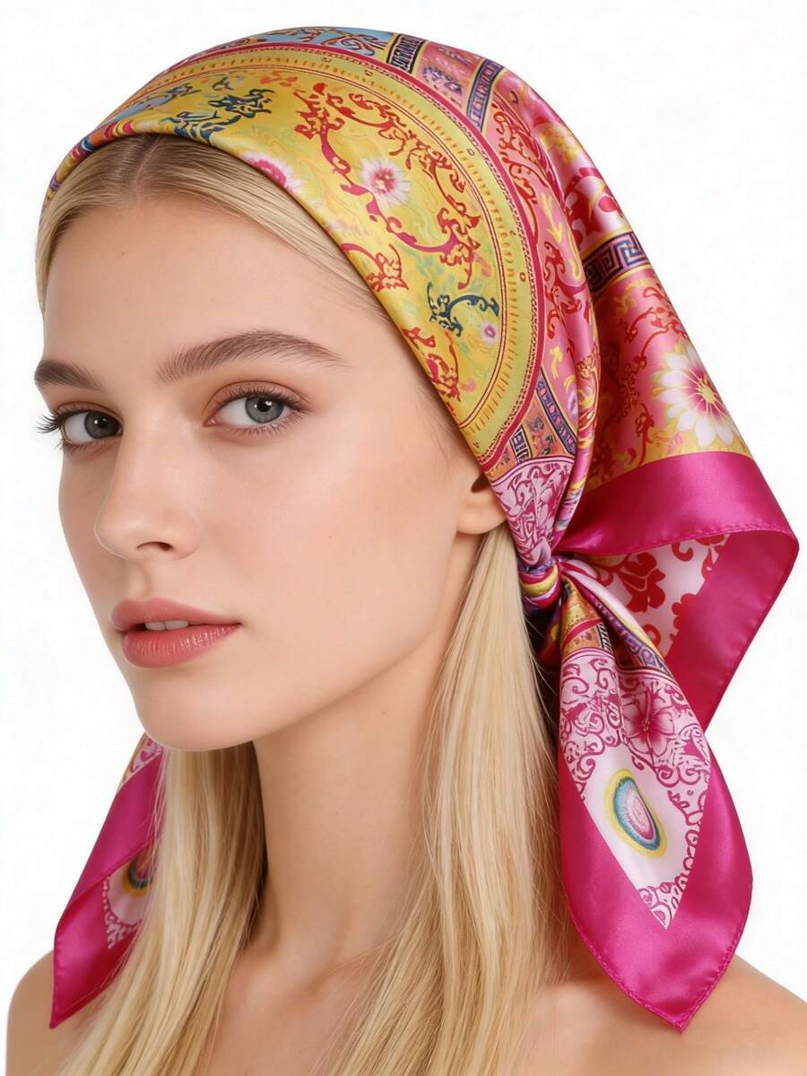 1pc 90cm Fashionable Printed Scarf, Faux Silk Neckerchief, Versatile Headband, Gift - Multicolor - View 1