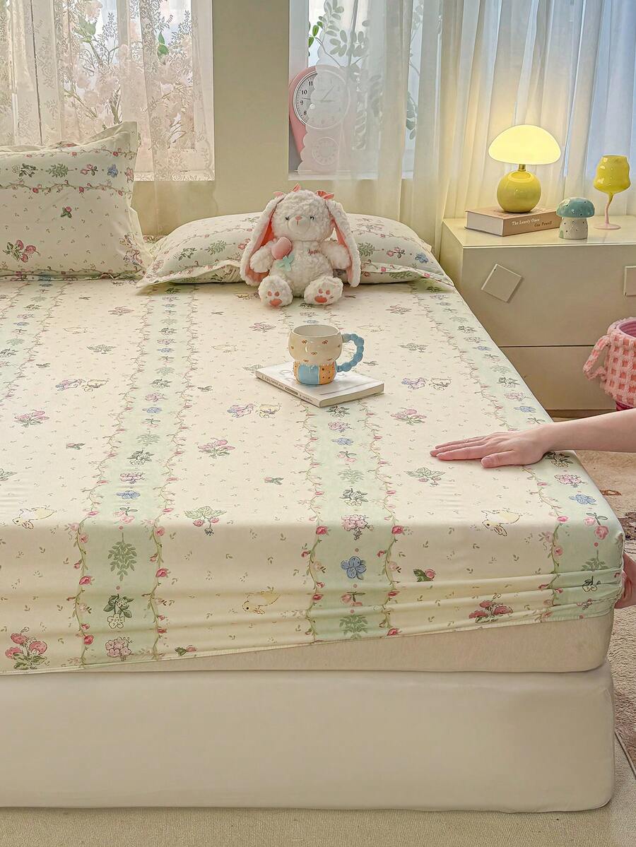 Juego de ropa de cama de 3 piezas, con diseño floral y de conejo en verde, suave y cómodo, que incluye 1 sábana ajustable y 2 fundas de almohada, sin relleno, adecuado para dormitorio, habitación, disponible en varios tamaños - Verde - Ver 1