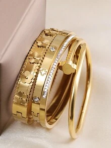 4件/1件 18K金不鏽鋼男士時尚飾品套組，防水耐褪色，3D五葉花手鍊、四葉花鋯石耳釘手鍊、四葉草耳釘手鍊，適合日常配戴、派對，情人節與聖誕節送給家人朋友的禮物 - 金黃色 - 查看 5