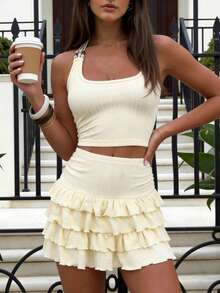女士性感浅黄色两件套，露背吊带短款上衣搭配荷叶边层叠迷你裙，修身套装，适合约会和度假 - 黃色 - 查看 3