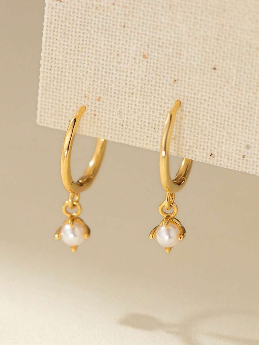 1对时尚简约优雅小巧珍珠耳环，适合日常通勤和夏季佩戴 - 金黃色 - 查看 1