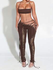 DOUCIU Solid Color Camisole Crop Top Paired With Street Style Metal Ring Tie Waist Long Pants Sexy 2-Piece Set, Suitable For Spring/Summer Beach, Party, Events - Brown - View 4