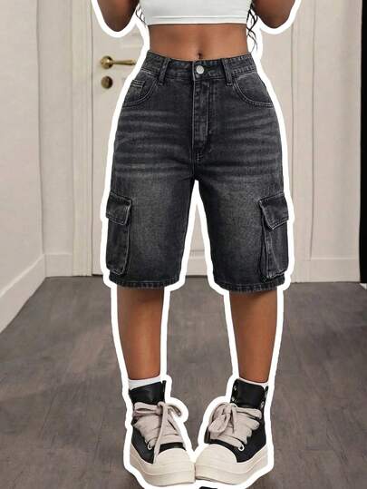 Women's Casual Washed Black Denim Bermuda Shorts, Straight Leg With Zipper And Pockets, Non-Stretch Fabric For Everyday Wear