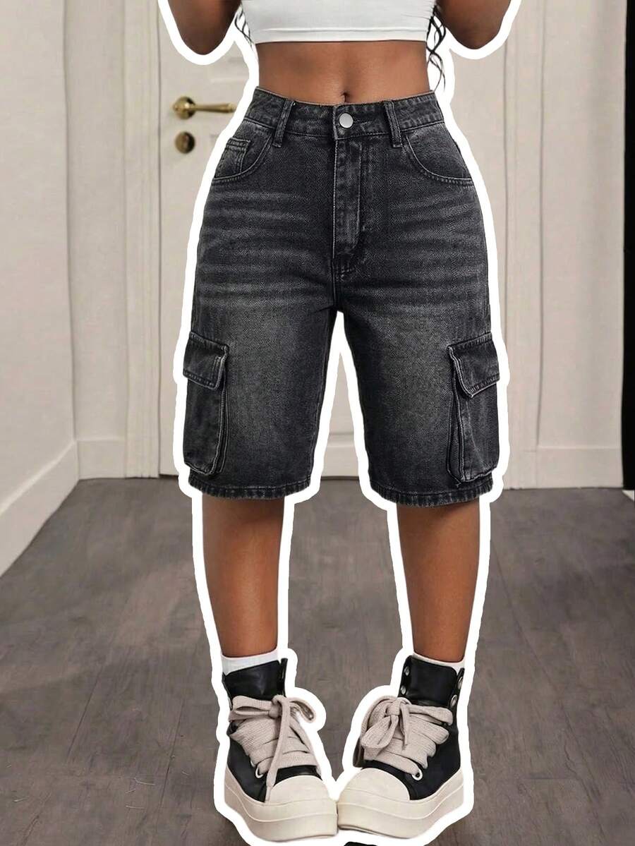 Quần short Bermuda denim đen mài dành cho nữ, kiểu dáng thường ngày, ống thẳng, có khóa kéo và túi, chất liệu không co giãn, thích hợp mặc hàng ngày vào mùa hè. - Màu xám đen - Xem 1