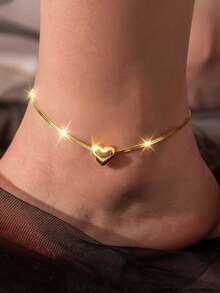 1件S925纯银独特几何3D心形蛇骨链脚链，INS极简设计桃心脚链，休闲甜美百搭脚饰 - 愛心 - 查看 8