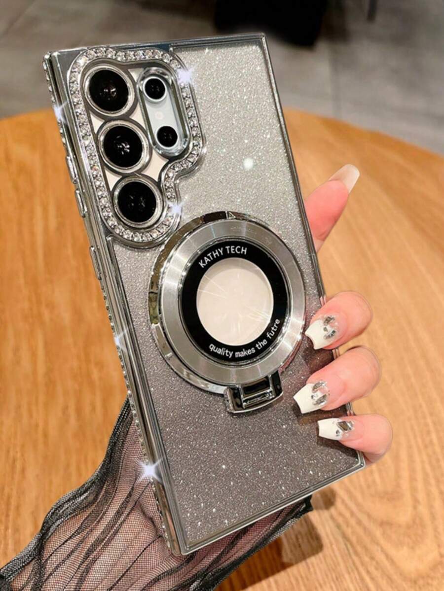 Luxury Plating Gradient Glitter Diamond Stand Holder Phone Case Compatible With Samsung Galaxy S26 Ultra S25 S24 Ultra S23 S22 Ultra S24 Plus S25 Plus Wireless Charging Camera Protective Shockproof Cover