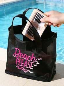Bolsa de maquillaje de playa de gran capacidad con diseño de letras y palmeras - Multicolor - Ver 1