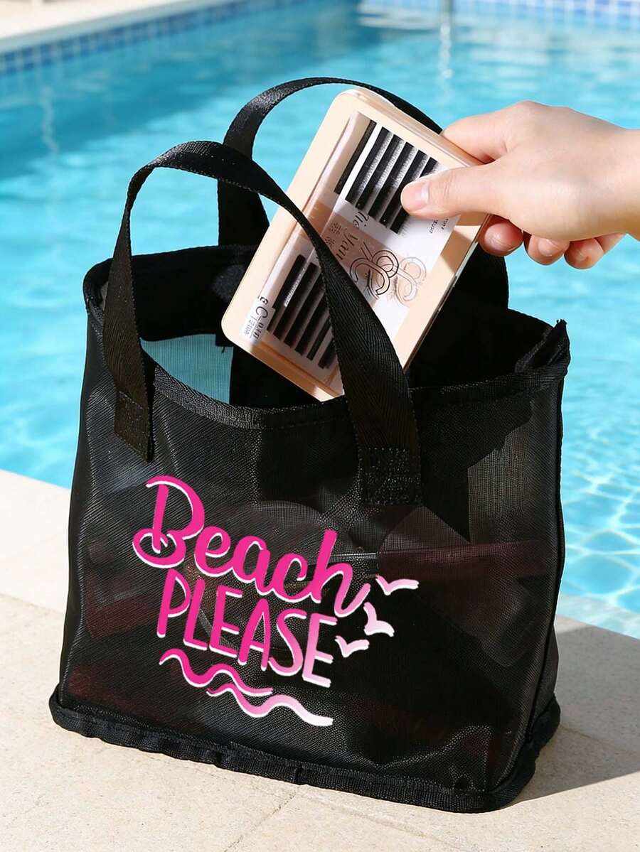 Bolsa de maquillaje de playa de gran capacidad con diseño de letras y palmeras - Multicolor - Ver 1