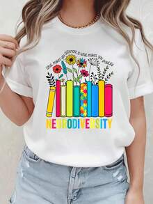 blusas para mujer tops, Camiseta de apoyo a la neurodiversidad y el autismo con diseño de libros y flores. - Blanco - Ver 1