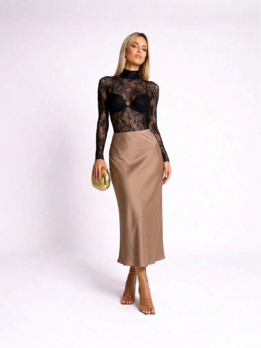 Elegant Satin Midi Skirt With Flowing Drape – High Waist - 棕色 - 查看 1