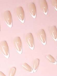 用美甲贴片升级你的造型！24片法式中杏仁形美甲贴片，包含1个粘性贴片和1个迷你指甲锉，亮粉色和白色法式全覆盖假指甲套装，适合女性和时尚女孩在约会派对上使用。永不过时。美甲用品 - 白色 - 查看 4