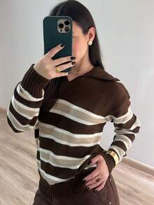 Women's Striped Polo Shirt, Knit, Winter, Knitted Fabric, Nightwear, Daily, Travel, Vacation, Autumn/Winter - 米色/棕色 - 查看 3