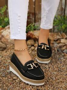 Thick Sole Comfortable Slip-On Rocking Shoes, Flatform Soft Bottom Flat Shoes, Khaki - Black - View 5