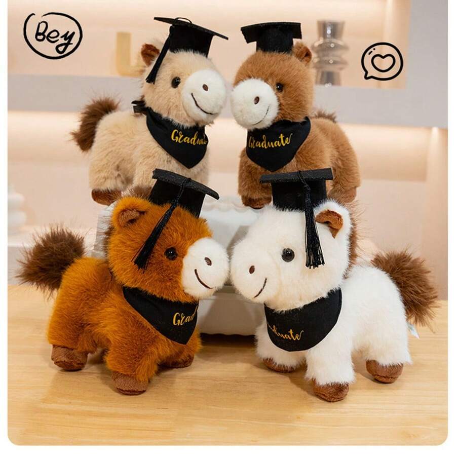1个逼真的快乐毕业小马毛绒玩偶，可爱逼真的设计，优质柔软材质，适合作为生日/毕业礼物、家居装饰 - 彩色 - 查看 1