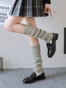1双女士针织长袜，竖条纹中筒袜，简约宽松垂坠设计，复古日系风格，适合春秋季上学、通勤穿着，时尚个性长袜 - 灰色 - 查看 4
