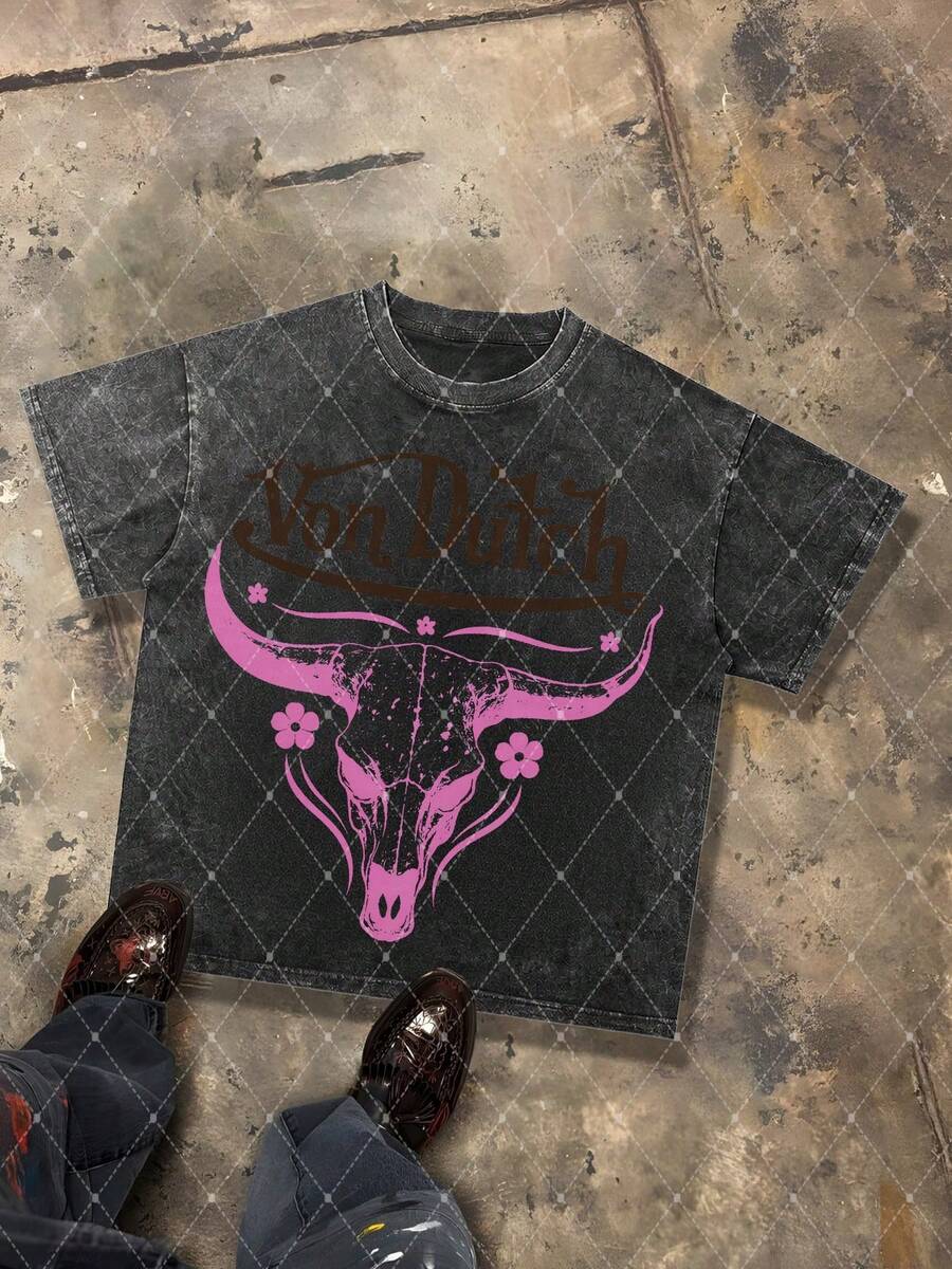Van Dutch Pink Bull Skull Flower Graphic Men's 230g Combed Washed Cotton T-Shirt, Street Short-Sleeve Top, Western Vintage Style Apparel, Spring Summer Crew Neck Top, Suitable For Summer Daily Casual Wear - 黑色 - 查看 1