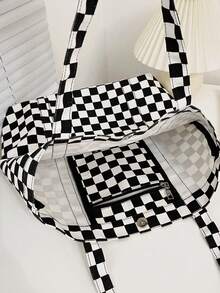 1个格子帆布手提包，大容量单肩包，带内袋，女士日常休闲格子手提包 - 黑與白 - 查看 10