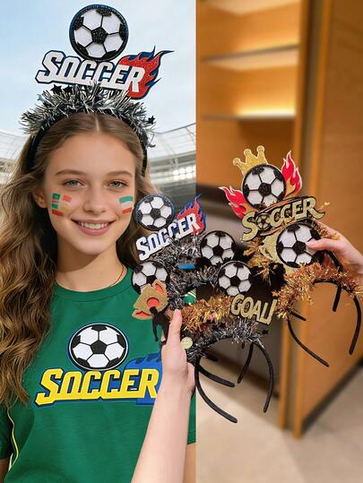1/2/3/4pcs Random Colorful Football Themed Headbands For Girls, Featuring Shiny Football, Crown And Flame Decor, Accented With Starry Tassel Sequins, Energetic Sports Party Hair Accessories Suitable For Match Day, School Events, Cosplay, Photo Props, Parties And Team Cheering