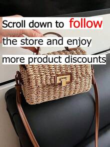 1个波西米亚卡其色草编斜挎包，迷你方形手提包，饰有粉色兰花，多功能顶部提手包，带锁扣，非常适合度假和休闲装扮。 - 卡其色 - 查看 2