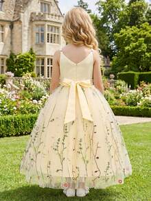 Flower Girls Spaghetti Strap Tulle Dress Long A Line Wedding Pageant Dresses Princess Birthday Party Ball Gown - 杏色 - 查看 2