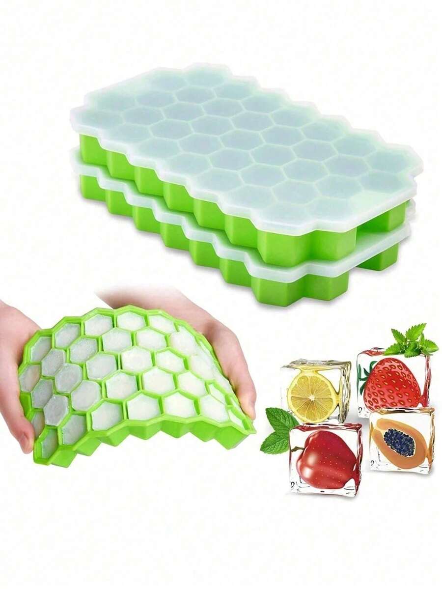 1pc Silicone Ice Cube Tray With Honeycomb Design And 37-Cell Creative Stackable Cover, Easy To Unmold And Mold For Ice Cubes