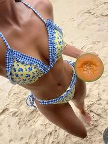 Nuevo conjunto de bikini de dos piezas con volantes para mujer, adecuado para la playa, aguas termales, vacaciones de verano - Amarillo - Ver 4