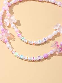 4件組可愛珍珠蝴蝶結字母串珠手鍊手鐲珠寶項鍊套組，適合女孩日常、節日、生日派對配戴，隨機配色 - 彩色 - 查看 4