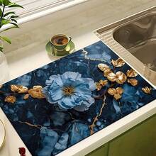 1pc Elegant Floral Blue Marble Pattern Absorbent Dish Drying Mat, Home Decor Coaster For Espresso Machine, Sink, Faucet, Bathroom, Kitchen Accessories - Multicolor - View 10