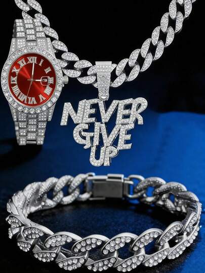 欧美嘻哈风全钻链手链 + 红/绿/蓝密镶钻石腕表，男士街头炫酷奢华腕表及手链套装