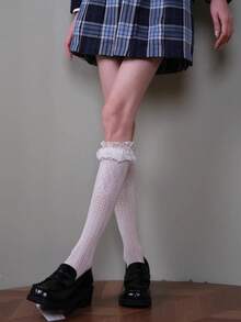 1双春夏洛丽塔复古日常过膝袜，蕾丝花卉镂空薄款小腿袜，蕾丝边饰袜，甜美学院风渔网袜，芭蕾舞荷叶边袜/性感学院风小腿袜 - 彩色 - 查看 4