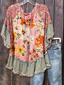 1 Women's Vintage Mixed Floral Print Vintage Loose Top Shirt Blouse With Ruffle Cuffs And Hem, Leopard And Floral Pattern, Women's Spring SummerClothing - Hoa màu hồng - Xem 2