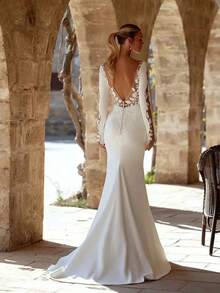 Elegant Sexy V Neck Backless Mermaid Satin Wedding Dress,Registry Office Dresses Bridal Gown,Evening Party Dress Birthday Party Dress Country Wedding,Romantic Church Ceremony Wedding Dress,Suitable For Wedding,Dating,Party,Singles' Party,Vacation,Formal Occasions,Dinner Dress,Prom Dress,Homecoming Dess,Cocktail Party,Wedding Guest Dress,Graduation - trắng - Xem 2