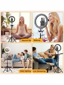 A 25cm LED Ring Light With A 110cm Telescopic Stand, Stable And Flexible Tripod, Three Adjustable LED Colors, And USB Power, Ideal For Live Streaming, Product Photography, Food Photography, Makeup Lighting, And Conferences. It's Perfect For Makeup, Video Recording, Live Streaming Halloween Parties. The Universal Stabilizer Allows Compatibility With More Ring Lights And Is Compatible With Cameras. - 10IN-3S-110-jWJ - View 7