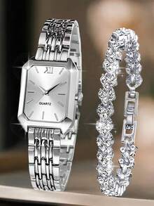 Bộ 2 chiếc đồng hồ nữ dây hợp kim kim loại thời trang, mặt số La Mã, máy quartz, kèm vòng tay chữ LOVE, thích hợp đeo hàng ngày hoặc làm quà tặng dịp lễ. - Vàng - Xem 17