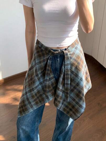 女士格子假叠层衬衫下摆，高腰系带裙摆延长器，休闲百搭连衣裙假下摆