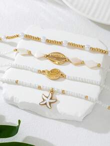 Set de 4 piezas Tobillera elegante minimalista con estrella de mar y concha, adecuada para la playa, fiestas y uso diario - Blanco - Ver 6