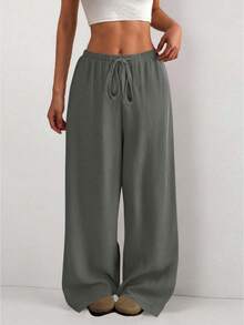 Women's Trousers Drawstring Elastic Waist Soild Color Loose Wide Leg Pants With Pockets - Light Grey - View 1