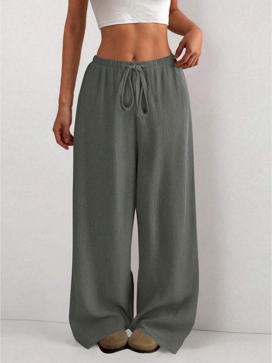 Women's Trousers Drawstring Elastic Waist Soild Color Loose Wide Leg Pants With Pockets - Light Grey - View 1