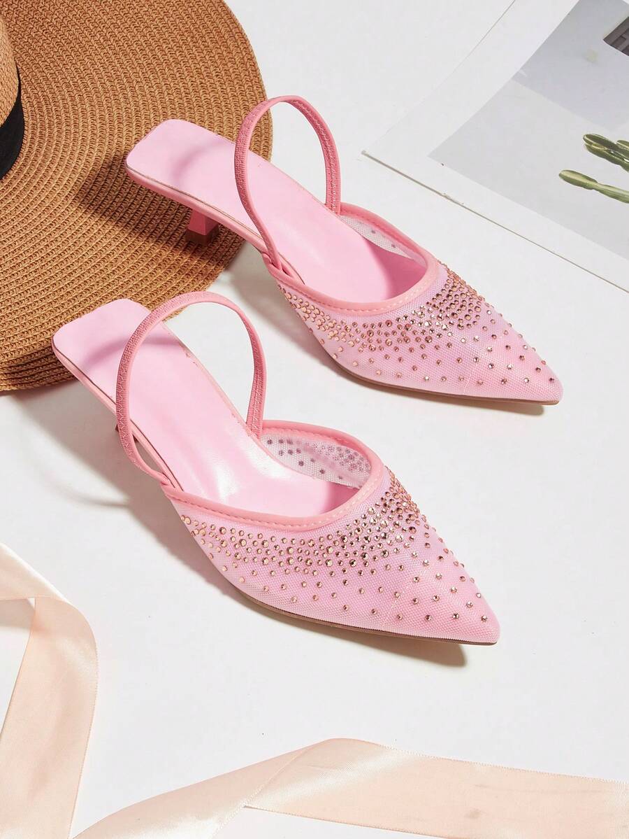 Giày sandal đế thấp nữ đính đá lấp lánh, mũi nhọn, kiểu dáng slip-on, thời trang, thanh lịch, thích hợp cho các bữa tiệc và các dịp trang trọng. - Hồng - Xem 1