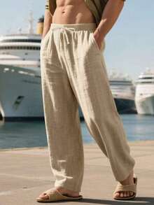 Men's Breathable Linen Loose Casual Sports Pants, Suitable Beach, Spring/Summer - 黃色 - 查看 10