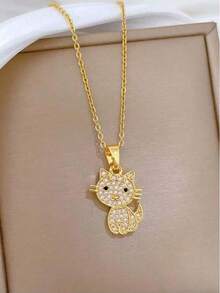 1 Set de Collar con Colgante de Gato y Aretes de Acero Inoxidable, Diseño Elegante y Versátil para Primavera/Verano, Regalo de Joyería - Gato - Talla única - Ver 2